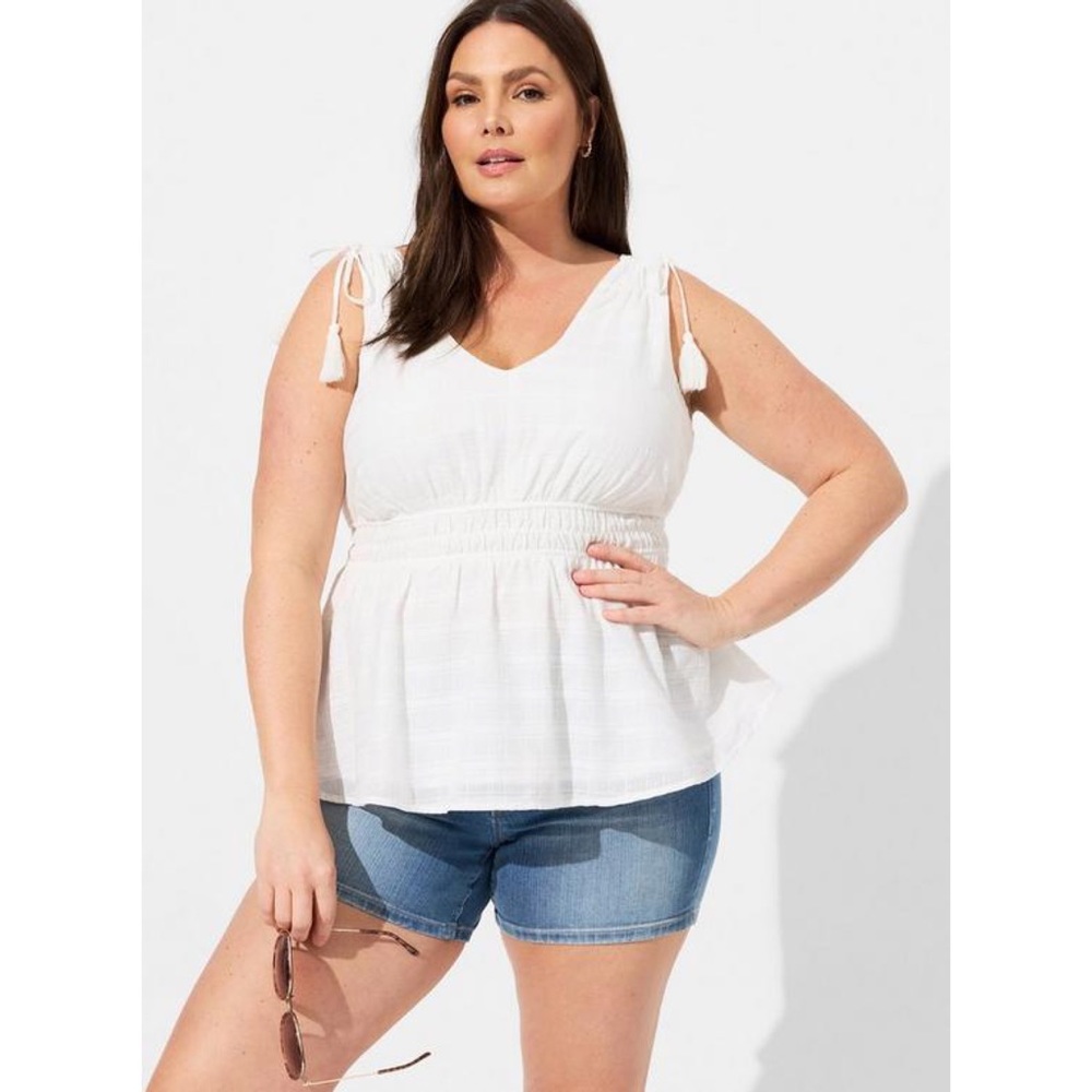 Torrid Window Pane V-Neck Sleeveless Tank Tassel Tie Shoulder Top Cotton